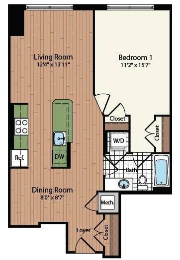 Floor plan for 1 bed, 1 bath, 796 sqft