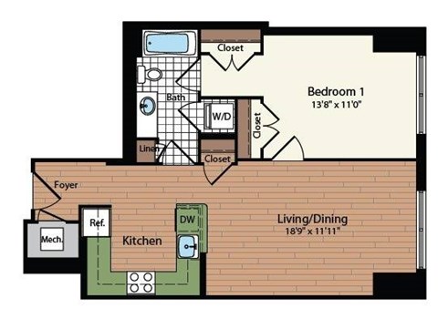 Floor plan for 1 bed, 1 bath, 742 sqft