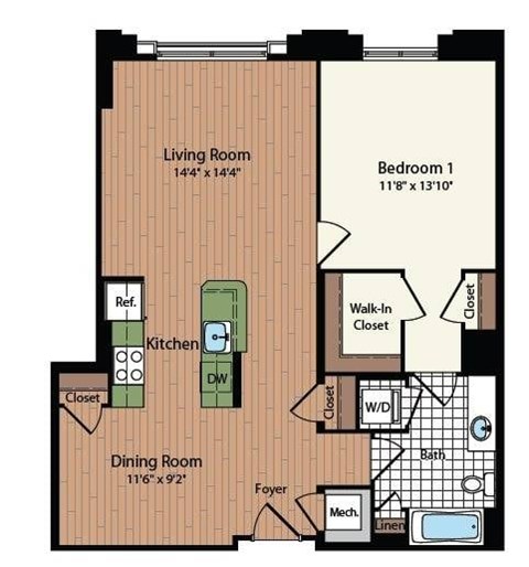 Floor plan for 1 bed, 1 bath, 881 sqft