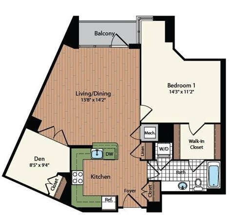 Floor plan for 1 bed, 1 bath, 950 sqft