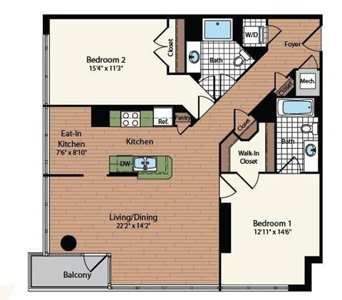 Floor plan for 2 beds, 2 baths, 1182 sqft
