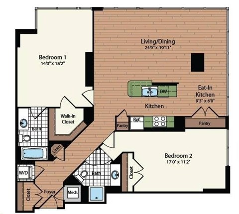 Floor plan for 2 beds, 2 baths, 1331 sqft