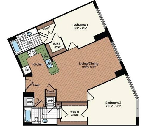 Floor plan for 2 beds, 2 baths, 1164 sqft