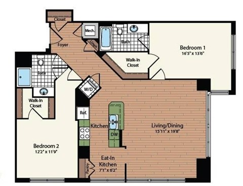 Floor plan for 2 beds, 2 baths, 1199 sqft