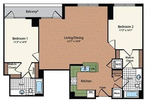 Floor plan for 2 beds, 2 baths, 1182 sqft