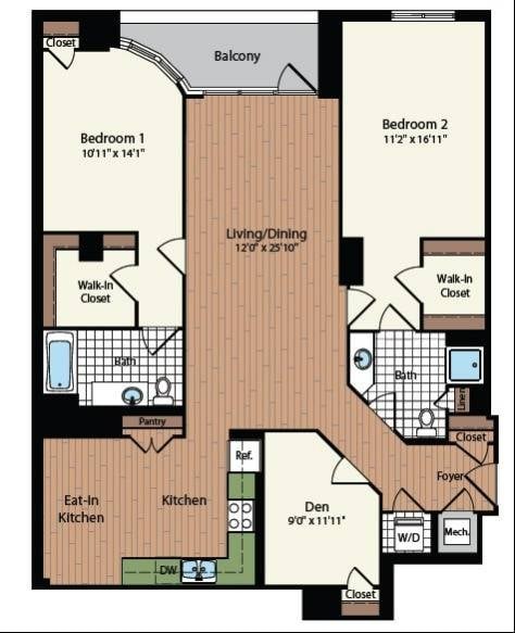 Floor plan for 2 beds, 2 baths, 1420 sqft