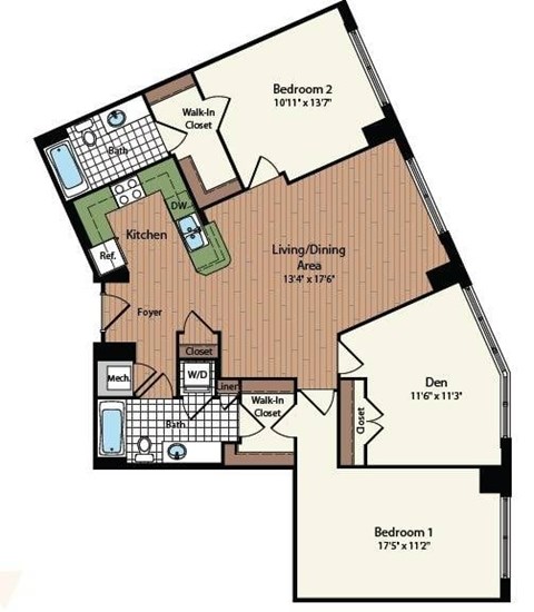 Floor plan for 2 beds, 2 baths, 1092 sqft
