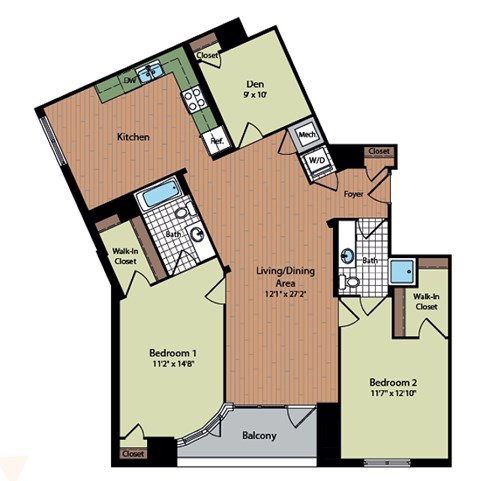 Floor plan for 2 beds, 2 baths, 1352 sqft