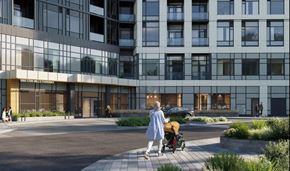 Mississauga apartment for rent - A woman in a blue coat walks with a stroller in front of a modern building.