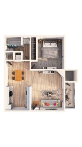 Floor plan for 1 bed, 1 bath, 644 sqft
