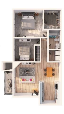 Floor plan for 2 beds, 1 bath, 843 sqft