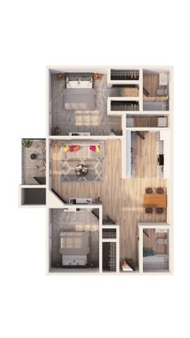 Floor plan for 2 beds, 2 baths, 908 sqft