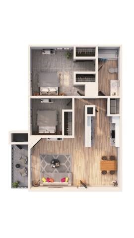 Floor plan for 2 beds, 1 bath, 884 sqft