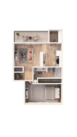 Floor plan for 1 bed, 1 bath, 750 sqft