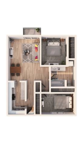 Floor plan for 2 beds, 1 bath, 1000 sqft