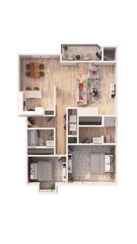 Floor plan for 2 beds, 2 baths, 1050 sqft