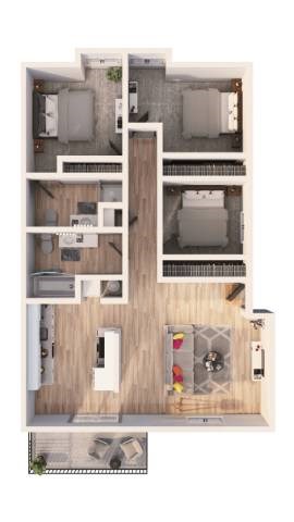Floor plan for 3 beds, 2 baths, 1300 sqft