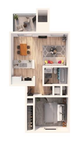 Floor plan for 1 bed, 1 bath, 628 sqft