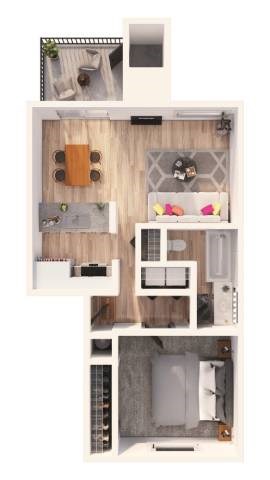Floor plan for 1 bed, 1 bath, 688 sqft