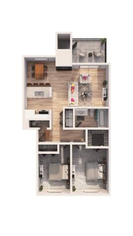 Floor plan for 2 beds, 1 bath, 884 sqft
