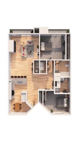 Floor plan for 2 beds, 2 baths, 1035 sqft