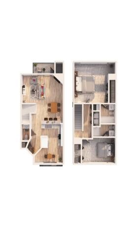 Floor plan for 2 beds, 2.5 baths, 1120 sqft