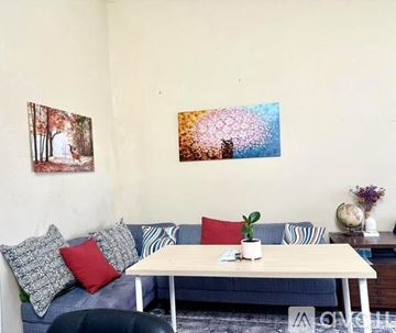 Loma Linda house for rent - A living room with a couch, a table, and two pictures on the wall.