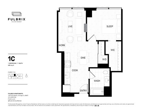 Floor plan for 1 bed, 1 bath, 656 sqft