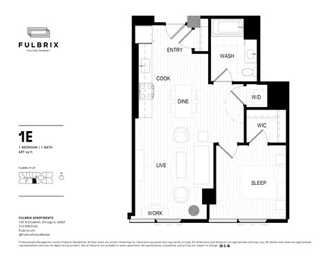 Floor plan for 1 bed, 1 bath, 687 sqft