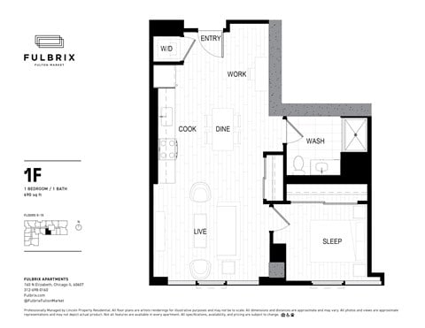 Floor plan for 1 bed, 1 bath, 690 sqft