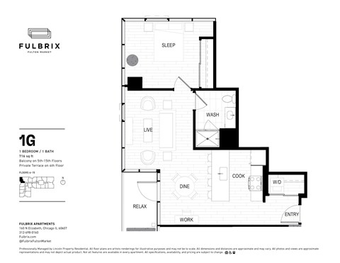 Floor plan for 1 bed, 1 bath, 716 sqft
