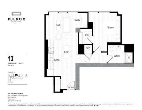 Floor plan for 1 bed, 1 bath, 754 sqft