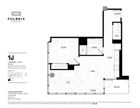 Floor plan for 1 bed, 1 bath, 764 sqft