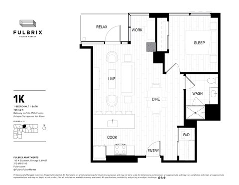 Floor plan for 1 bed, 1 bath, 765 sqft