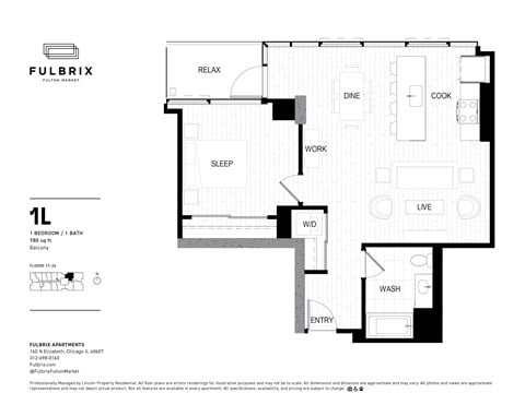 Floor plan for 1 bed, 1 bath, 780 sqft