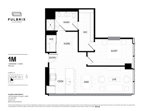Floor plan for 1 bed, 1 bath, 796 sqft
