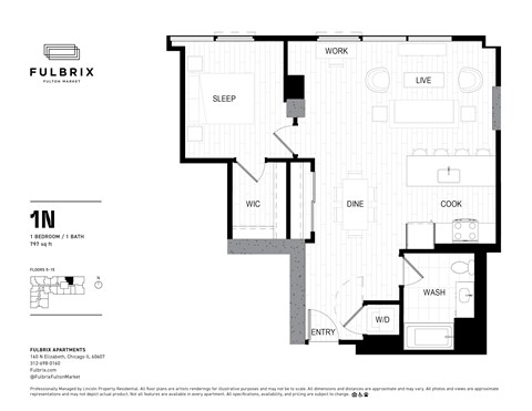 Floor plan for 1 bed, 1 bath, 797 sqft