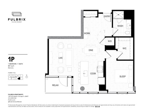 Floor plan for 1 bed, 1 bath, 821 sqft