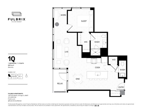 Floor plan for 1 bed, 1 bath, 828 sqft