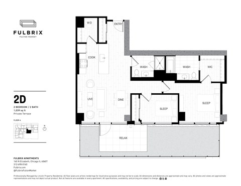 Floor plan for 2 beds, 2 baths, 1039 sqft