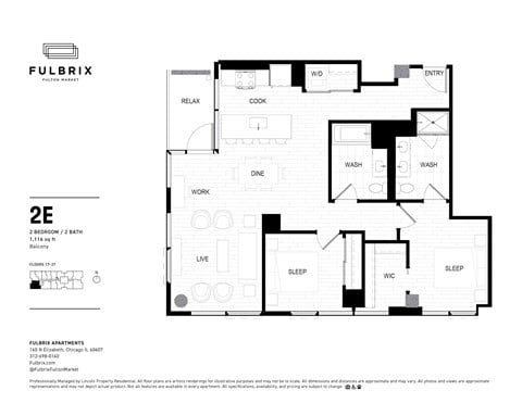Floor plan for 2 beds, 2 baths, 1116 sqft