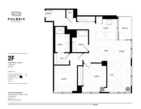 Floor plan for 2 beds, 2 baths, 1140 sqft