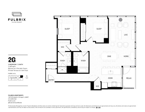 Floor plan for 2 beds, 2 baths, 1147 sqft