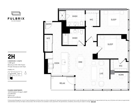 Floor plan for 2 beds, 2 baths, 1157 sqft