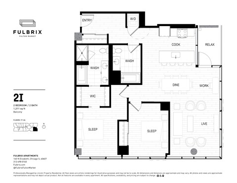 Floor plan for 2 beds, 2 baths, 1211 sqft
