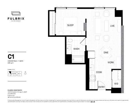 Floor plan for 1 bed, 1 bath, 630 sqft