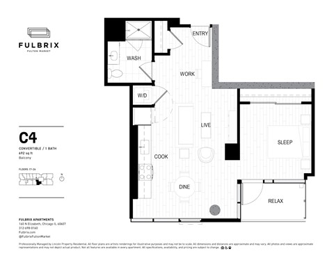 Floor plan for 1 bed, 1 bath, 692 sqft