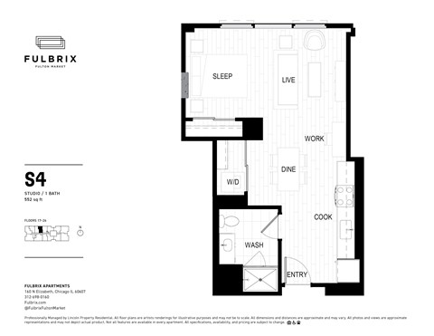 Floor plan for studio, 1 bath, 552 sqft