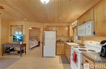 Sylva apartment for rent - A kitchen with wooden cabinets and a white fridge.