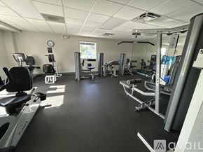 Sarasota apartment for rent - A gym with various exercise machines and a clock on the wall.